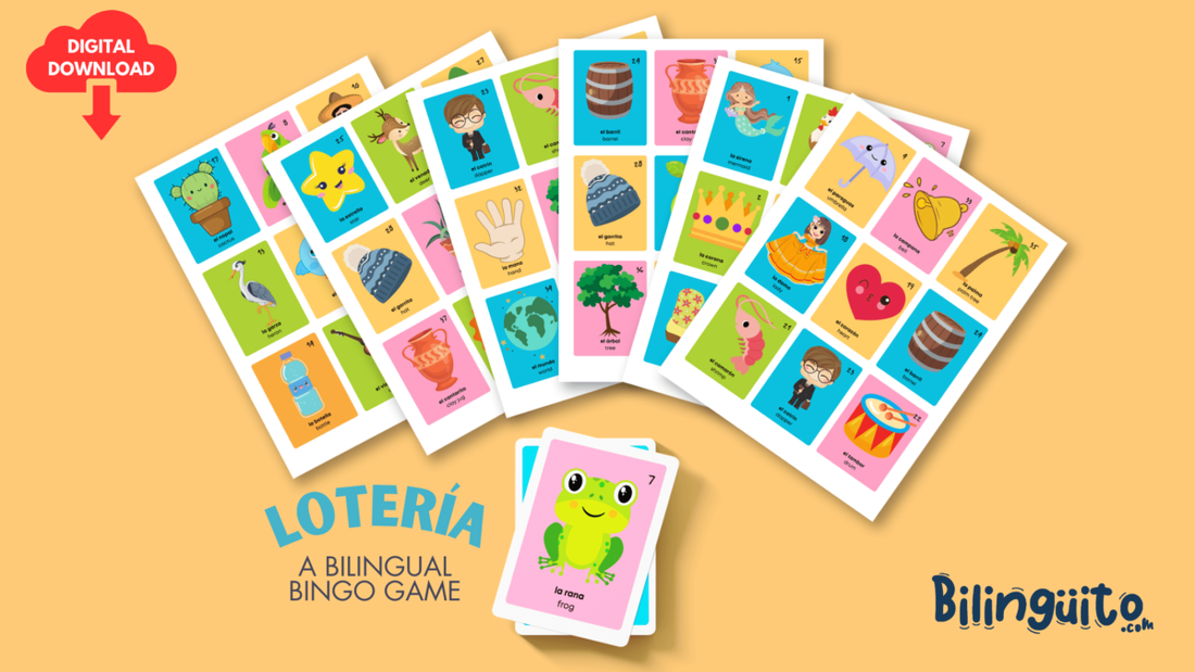 image of a set of loteria cards for kids, in English and Spanish.